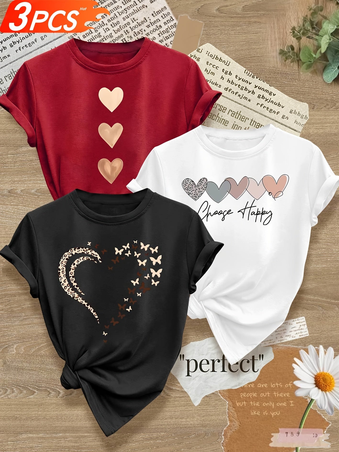 Leopard Print Small Butterfly Love Hearts in Pairs with English Letter Pattern Printed Fashion Retro Style Women's Spring, Autumn and Winter Casual Sports Top Round Neck Short Sleeve T-shirt 3pcs Combination Pack Family Pack