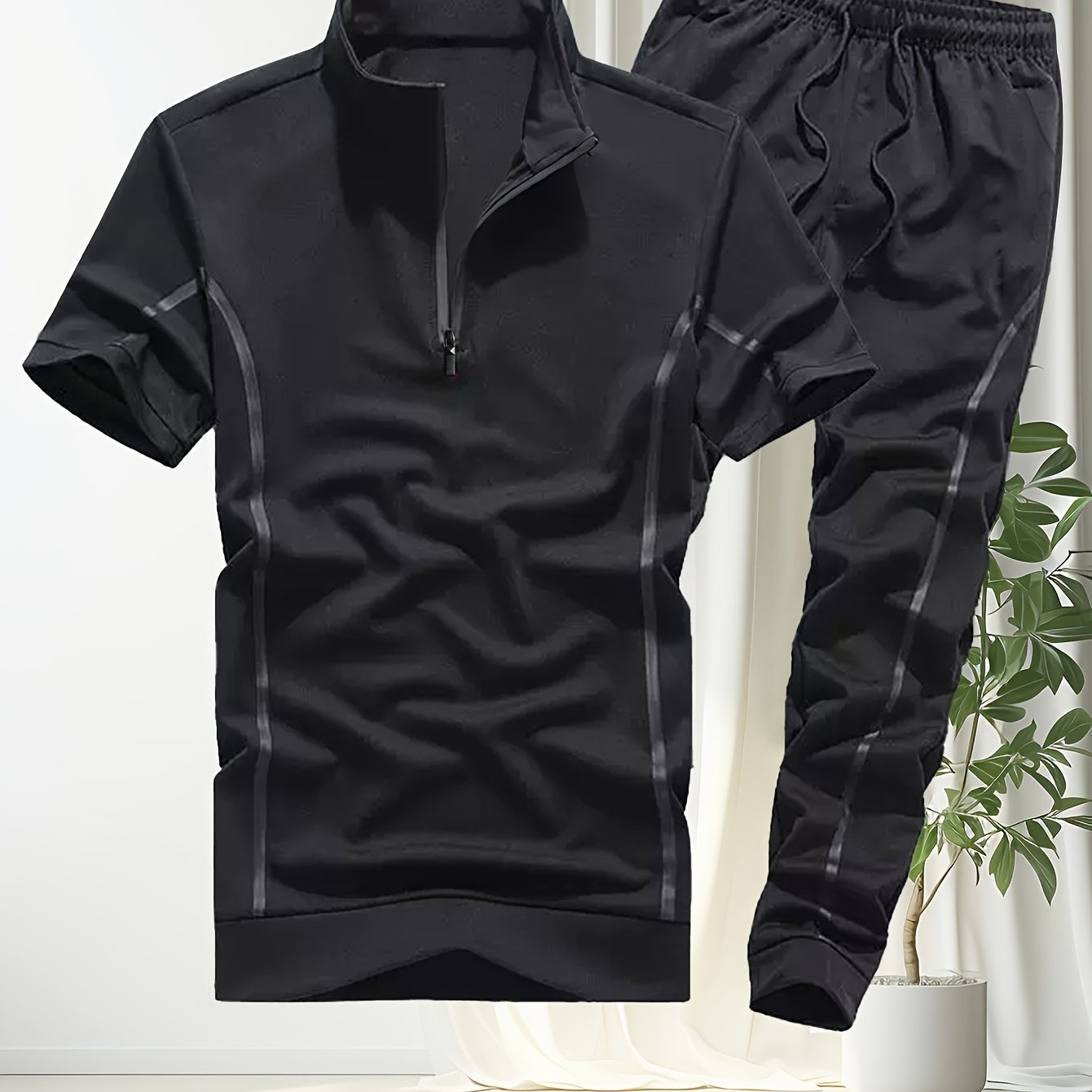 Men'S Casual Summer Two-Piece Set - Loose Fit Short Sleeve Zipper Polo Shirt & Joggers with Side Stripes, Polyester, Ideal for Hot Weather, Summer Casual Wear|Striped Pattern|Polyester Fabric