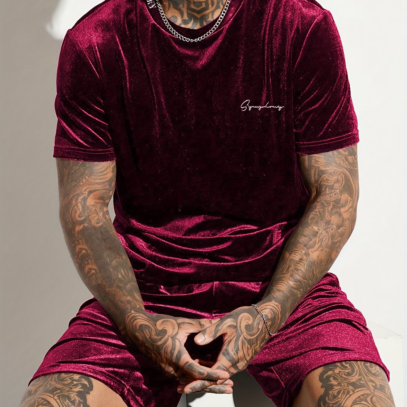 Men'S Fashion Velvet Knit Pullover Set, Contrast Letter Embroidery Top and Solid Color Drawstring Shorts, Simple Casual Outing Commuting Vacation Light Luxury Set, Regular Fit Elastic Knit Two-Piece Set, High-end Sheen Light