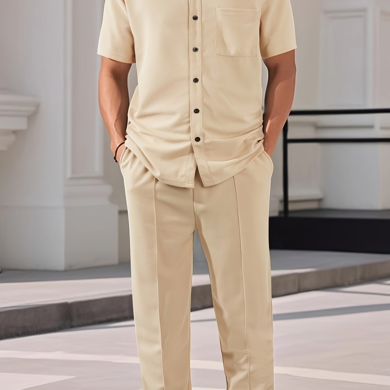 Men'S Two-Piece Set Featuring a Short-Sleeve Cardigan with Pockets And Drawstring Pocket Long Pants, Perfect for a Clean And Comfortable Summer.
