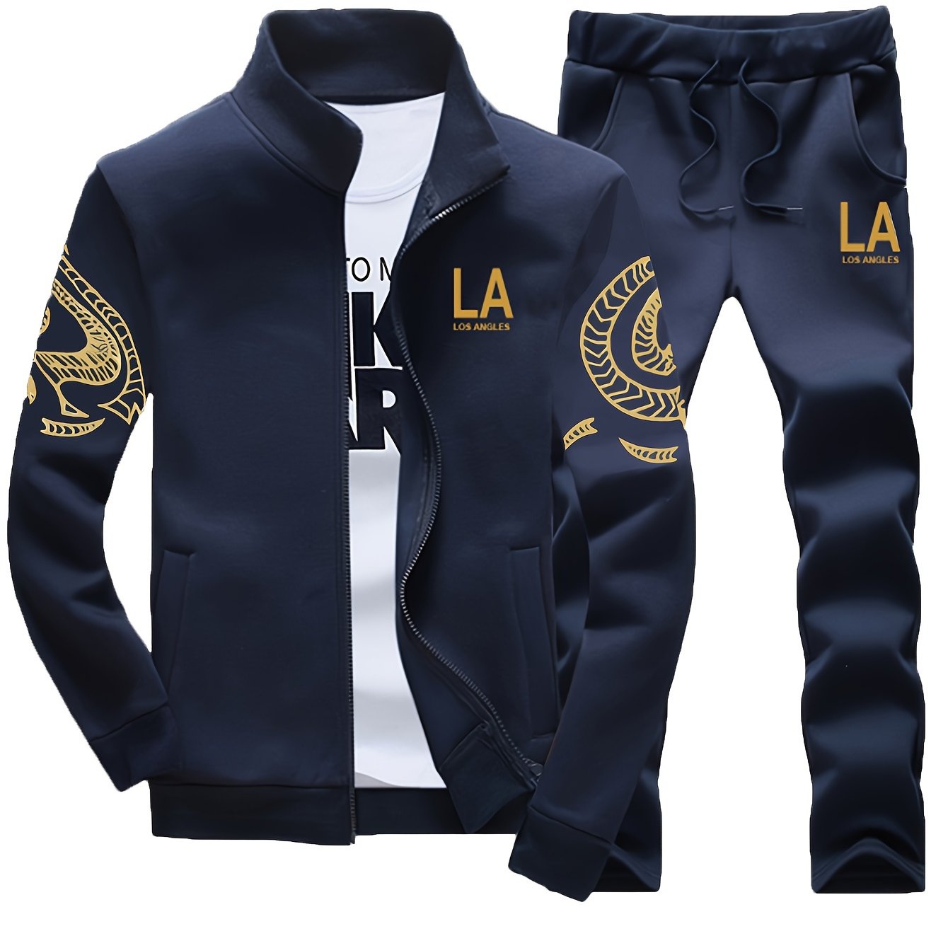 Men's Casual Print Sweatshirt & Joggers Set - Polyester, Stand Collar, Zip-Up Jacket for Spring/Fall