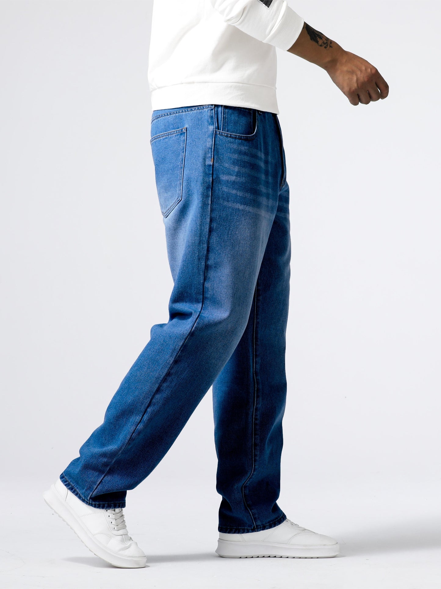 Men'S Loose Fit Straight Leg Jeans, Cotton 85% Polyester 15% Denim, Washed Solid Color Casual Style