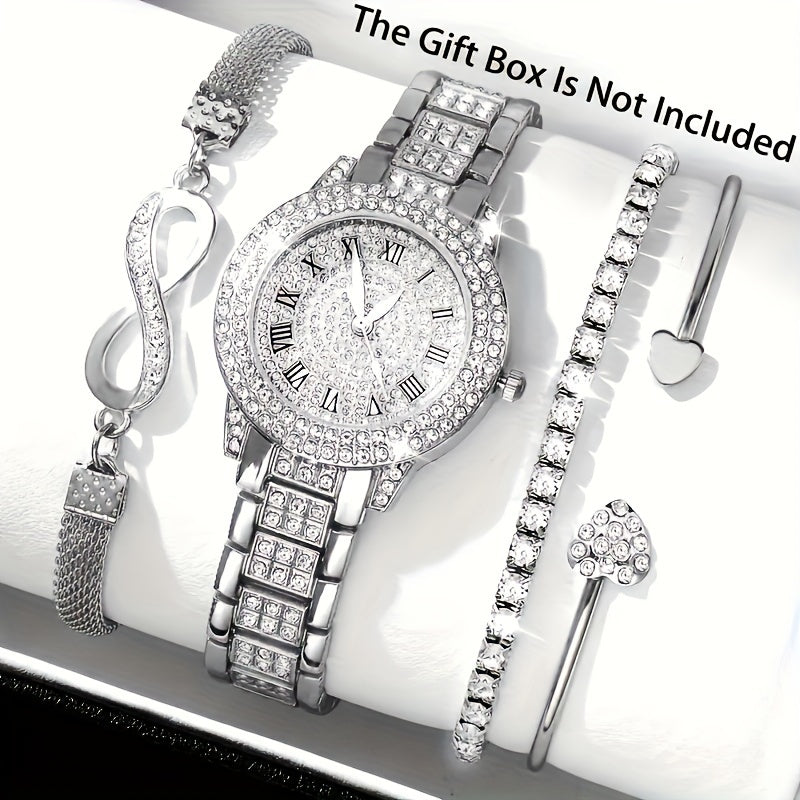 Fashionable Women's Quartz Watch Set With Rhinestones - Stainless Steel Band, Round Zinc Alloy Case, Pointer Display, Non-Rechargeable Battery - Includes Elegant Bracelet, Timer Function - 4 Piece Gift Set For Valentine's, Ea