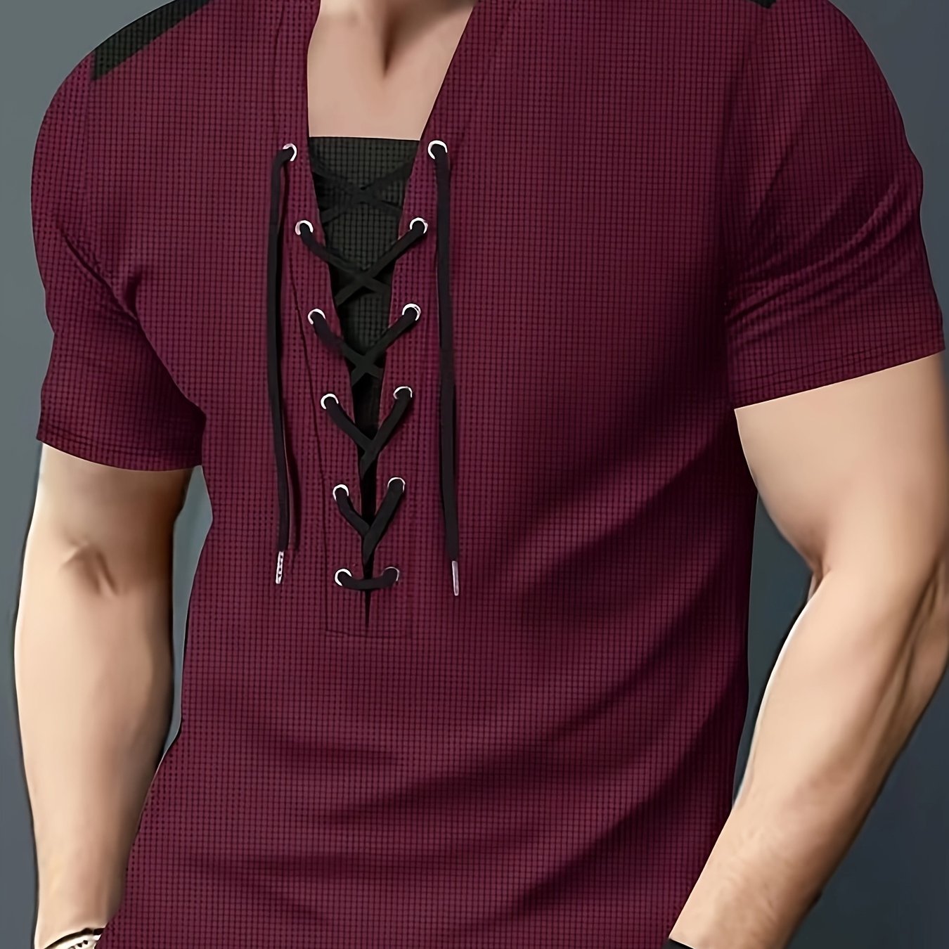 Men'S Casual Waffle Knit Short Sleeve T-Shirt with Drawstring Detail - Maroon & Black, Round Neck, Breathable Polyester Fabric for Summer Outings, Casual Weekend Wear | Round Neck Tee | Stylish Contrast Stitchin