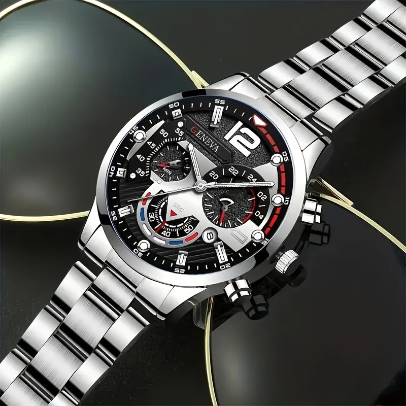 Luxury 8pcs Men'S Gift Set: Stainless Steel Quartz Watch with Calendar, Golden Arrow Necklace, Bracelet & Ring - Elegant Business Casual Accessories for Valentine's, New Year, Easter, Ramadan, Birthdays, Christmas, Halloween
