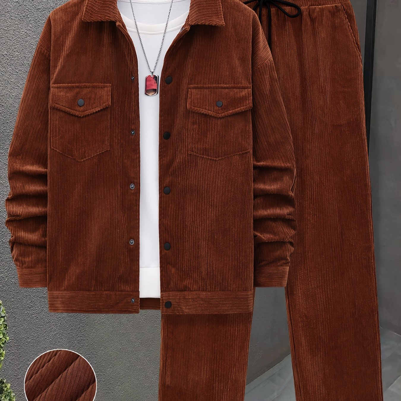 Men'S 2pcs Set of Woven Textured Fabric Work Bag Long Sleeve Jacket And Drawstring Casual Loose Pants Suit