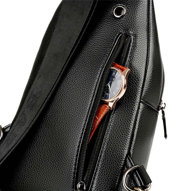 DARWNORO Men's Stylish PU Leather Sling Bag - Casual Shoulder & Crossbody Bag with Zipper Closure, Brown with White & Red Accents, Perfect for Daily Commute, Motorcycle Inspired Design, PU Leather Crossbody Bag