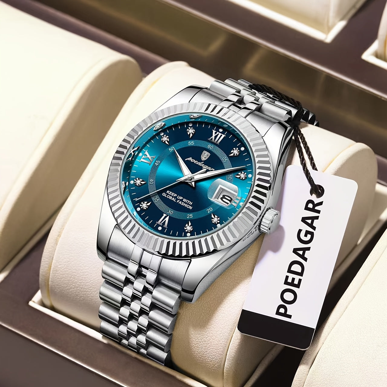 POEDAGAR Luxury Men'S Quartz Watch - Waterproof, Luminous, Stainless Steel Band, Blue & Golden Accents, Date & Week Display, Casual Elegant Timepiece with Backpack Clasp