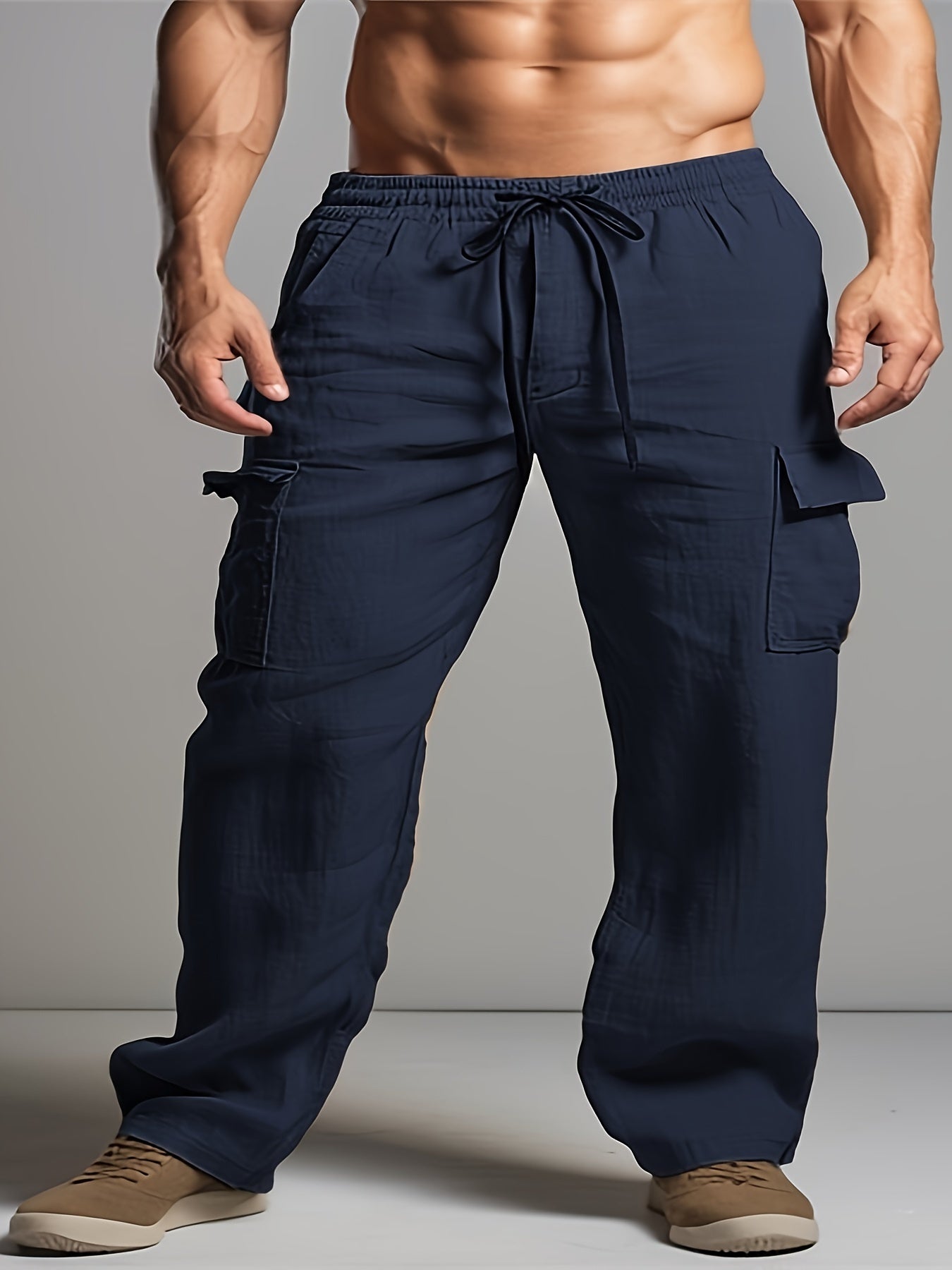 Solid Retro Men's Cotton And Linen Drawstring Long Trousers With Multiple Pockets, Outdoor Daily
