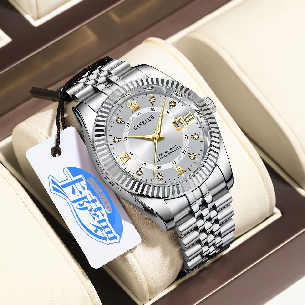 KASRLUO Elegant Men's Quartz Watch - Luminous Date Display, Golden-Tone Stainless Steel Band, Business Style with Rhinestone Detailing, Battery Operated