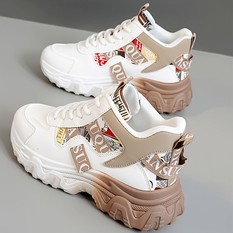 Women's Breathable Lightweight Running Shoes - Trendy Color Block Design with "NO Fear Limits" Print, Casual Athletic Sneakers, Lace-Up Closure, Beige & Red Upper, Rubber Sole, All-Season Wear, Ladies Sneakers, Sporty Lifesty