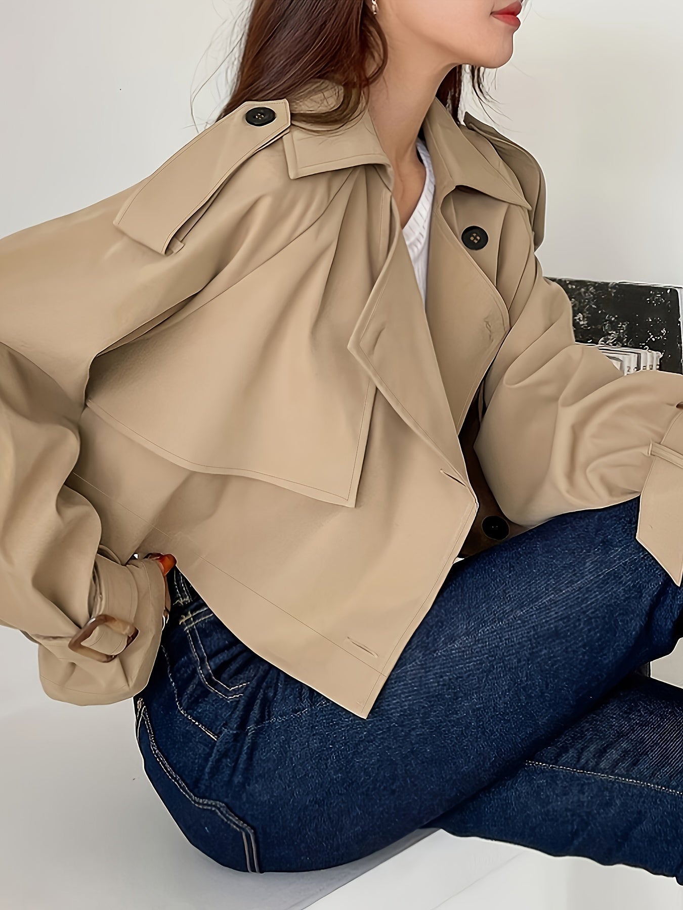 Buckle Cuff Lapel Neck Trench Coat, Stylish Solid Color Crop Long Sleeve Coat For Spring & Fall, Women's Clothing