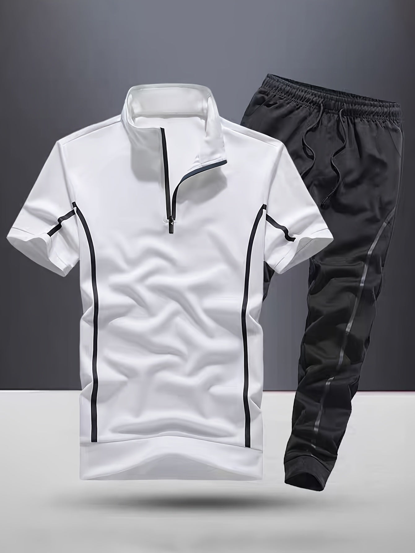 Men's Fashion Stripe Casual Suit, 2pcs Stylish Stand Collar Zippered Breathable Outfit with Short Sleeve T-Shirt and Drawstring Pants for Summer Wear