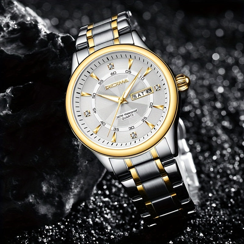 Stainless Steel Men's Quartz Watch with Luminous Hands, Dual Calendar, Date Display & High Quality IPX7 - Golden-Tone Dial, Accents for Business, Casual, Travel - Ideal Birthday Holiday Gift, Business Casual Watch | Sleek Met