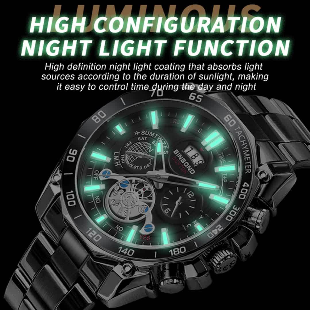 BINBOND Men's Luxury Quartz Watch - Sleek Black, Waterproof with Calendar & Luminous Hands, Stainless Steel Band, Date Display, Chronograph & World Time Features for Business Casual
