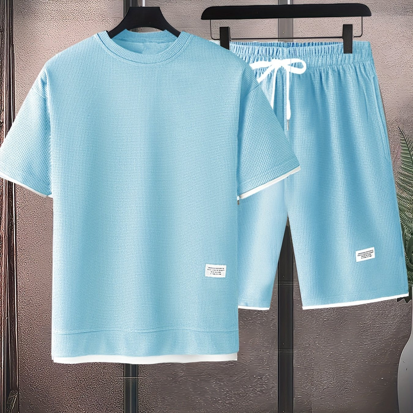 Waffle short-sleeved T-shirt Men's casual sports suit summer loose fake two-piece half-sleeve T-shirt set