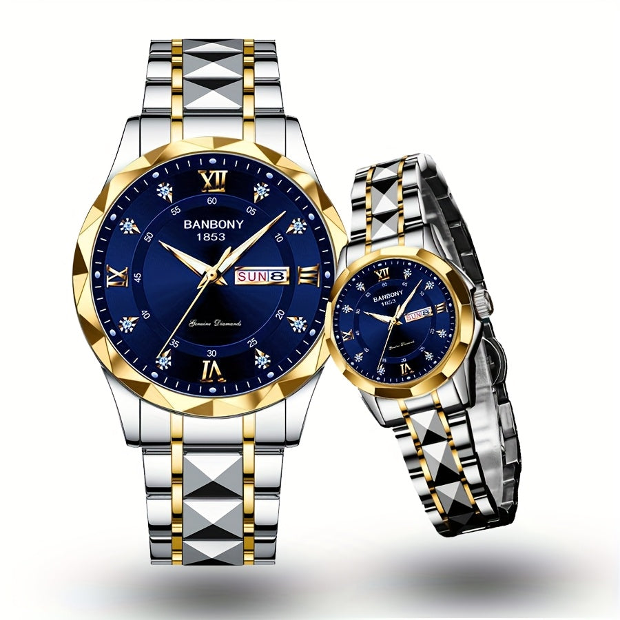 2pcs Couple Watch BANBONY Brand Trendy Fashion Men's and Women's Quartz Watch Stainless Steel Strap with Rhinestone Luminous High-definition Disc Waterproof Night Light Display Week Calendar Display Wristwatch Holiday Gift fo
