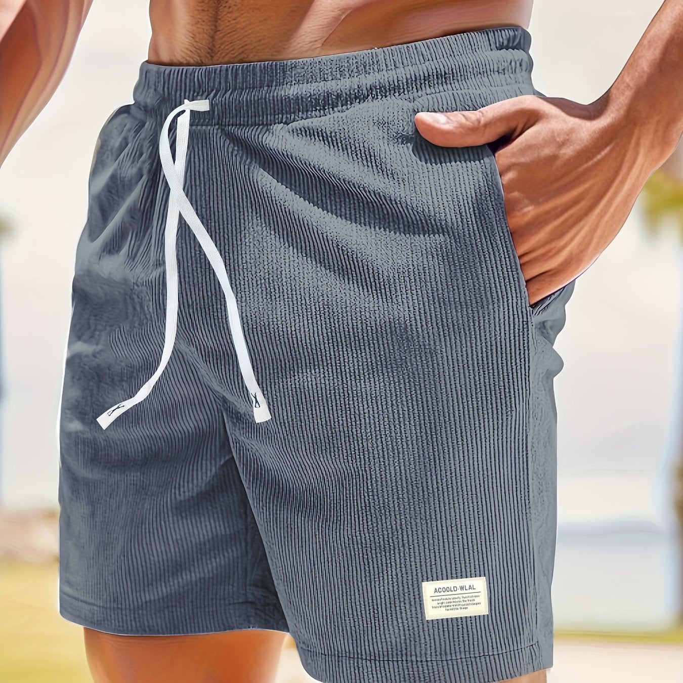 Pearson OBM Men's Corduroy Casual Shorts, White Drawstring, Polyester, Machine Washable, Slightly Elastic Fabric, Comfortable in Summer