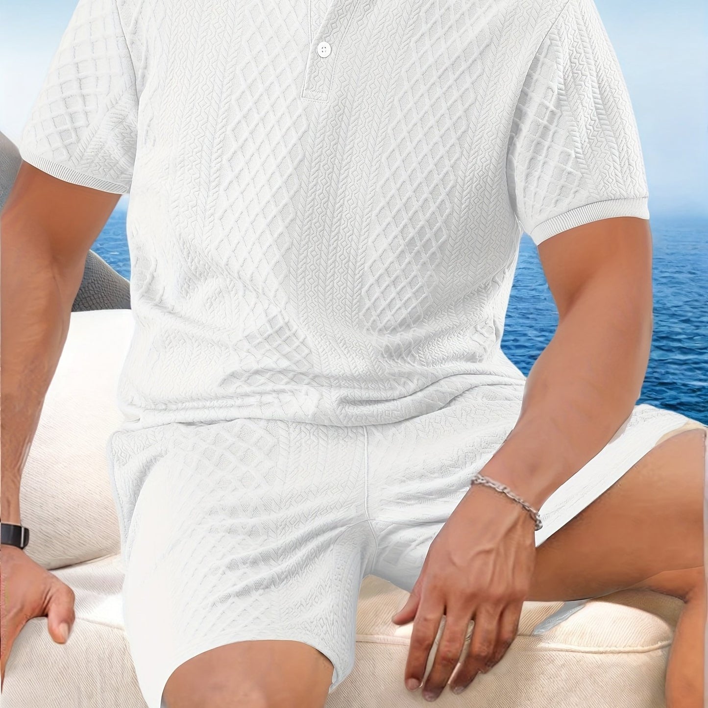 Two-Piece Set, Men'S Summer Outfit, Jacquard Set, Round Neck Short Sleeve, Drawstring Shorts, High Weight Fabric, Casual Ensemble.