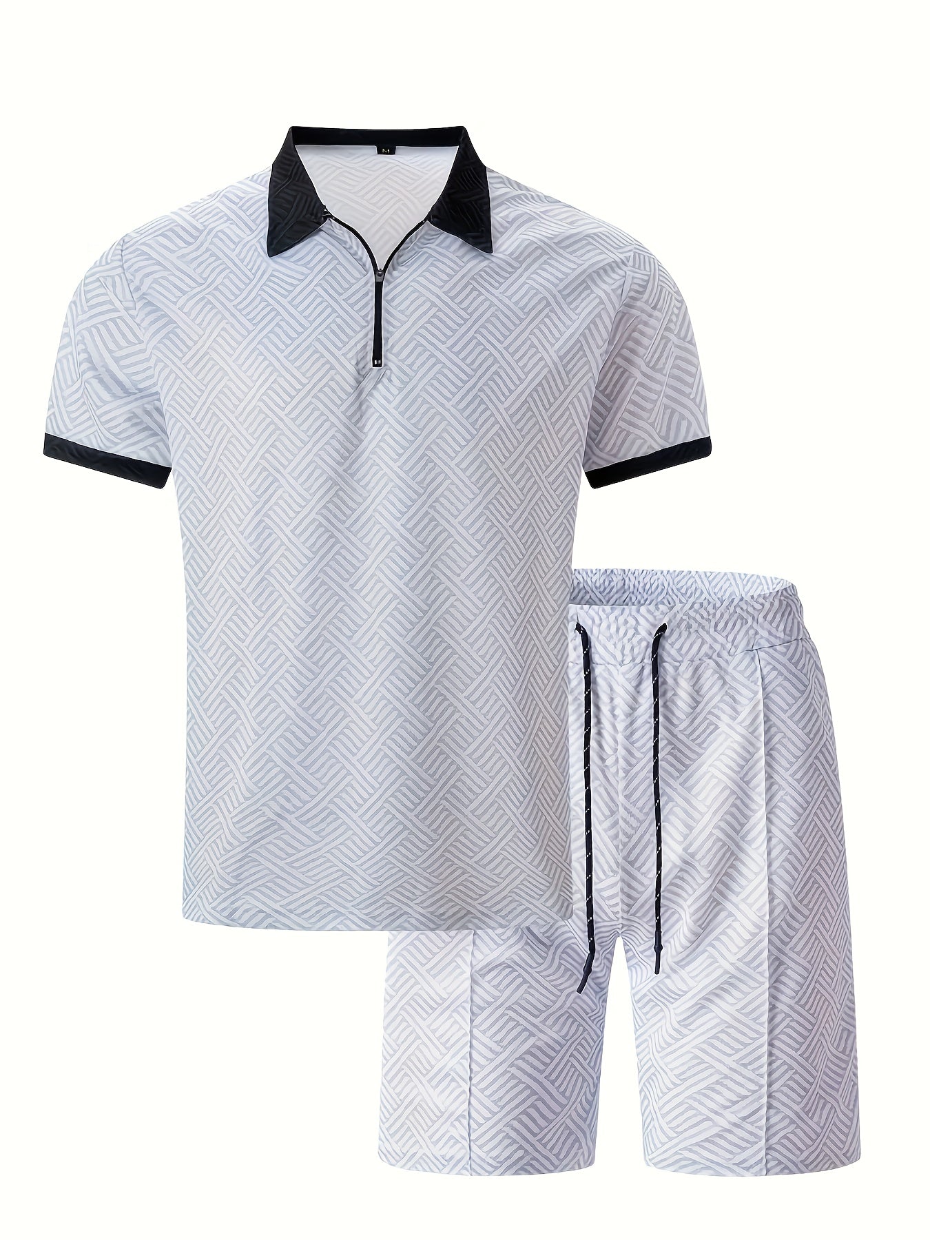Men'S Tropical Print Casual Suit - Black Short Sleeve Zipper Shirt with White Pockets Shorts, Polyester, Machine Washable, Summer Beachwear, Summer Wear | Relaxed Fit Shirt | Woven Texture