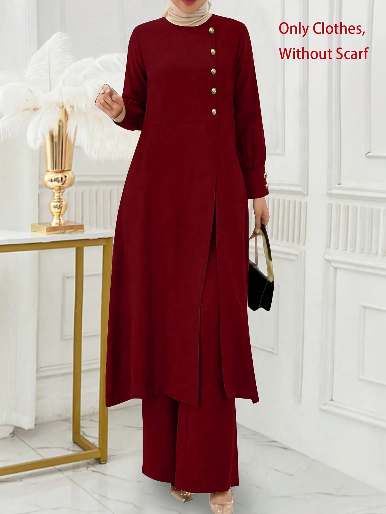 Ramadan, Women's Front-Button Long Sleeve Slit Dress & Pants Casual Arabic Style 2pcs Set, Only Clothes, Without Headscarf