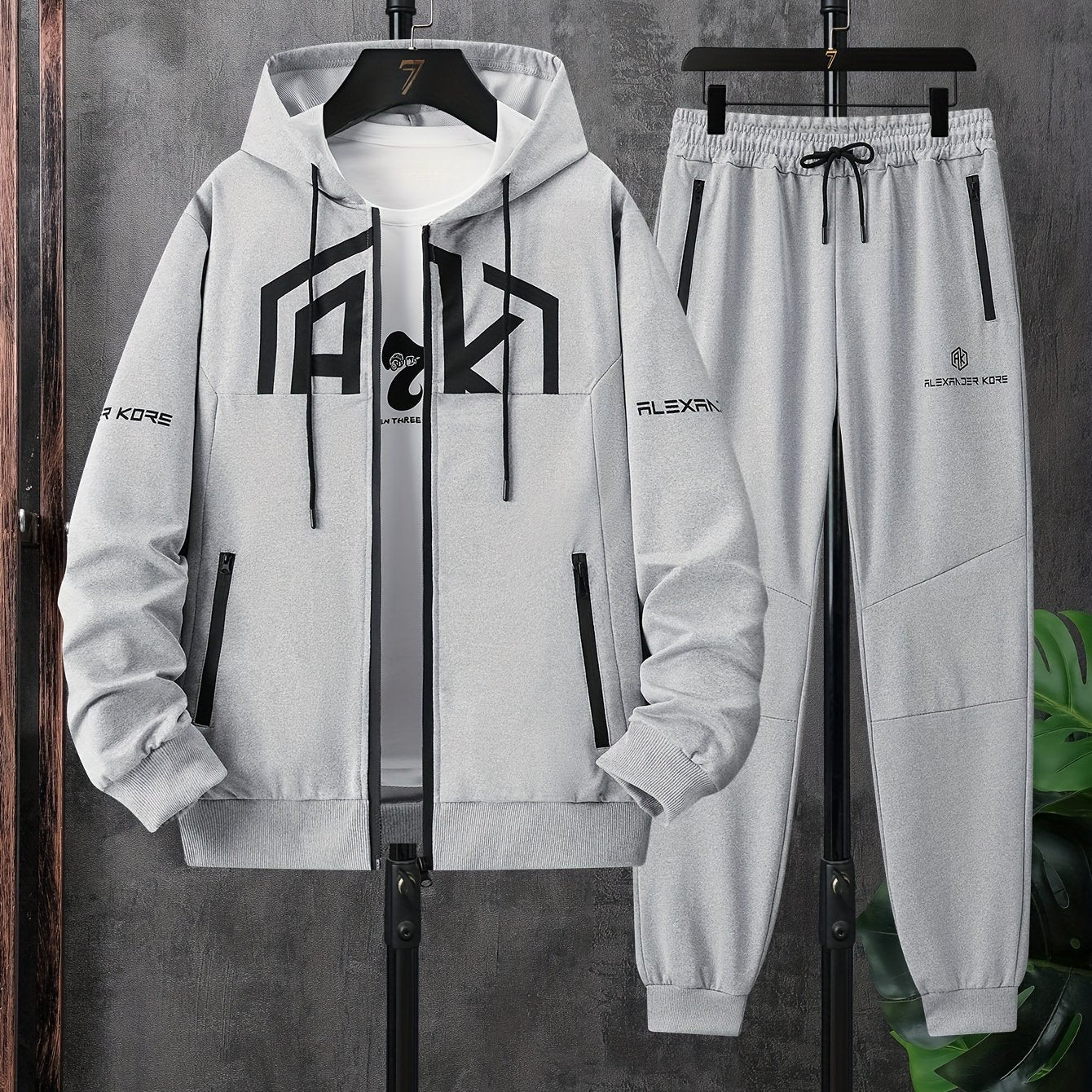 Men's AK Letter Print Long Sleeves Hoodies With Zipper Detail & Long Pants Two-piece Set, Slight Stretch Comfortable Clothing For Spring And Autumn