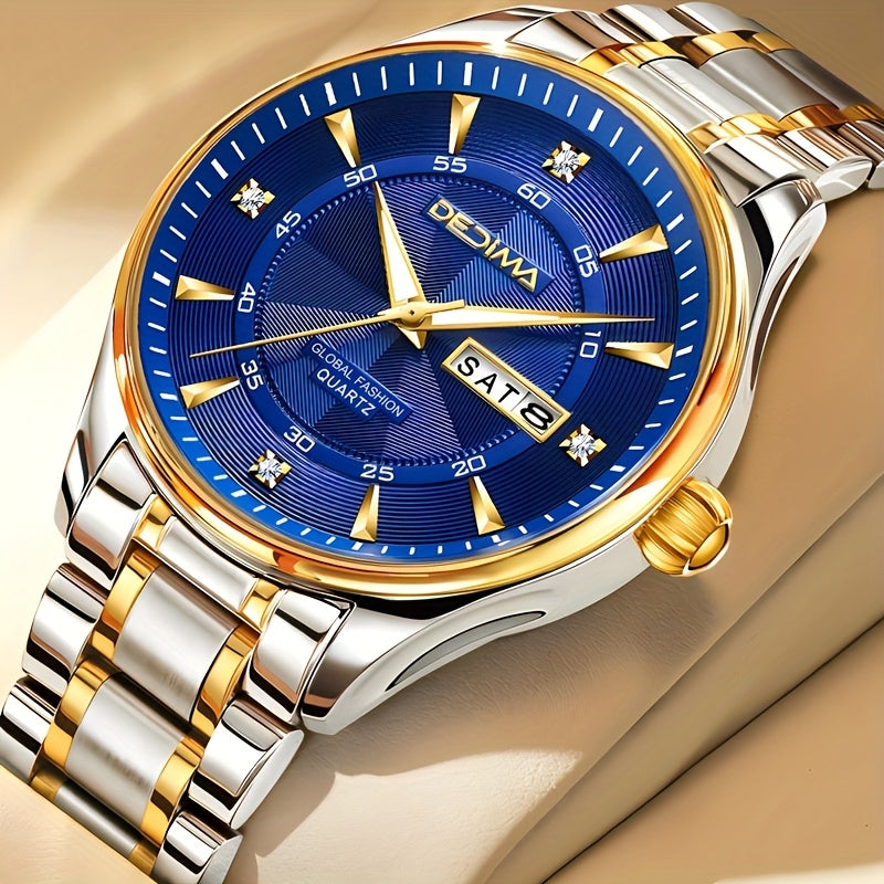Stainless Steel Men's Quartz Watch with Luminous Hands, Dual Calendar, Date Display & High Quality IPX7 - Golden-Tone Dial, Accents for Business, Casual, Travel - Ideal Birthday Holiday Gift, Business Casual Watch | Sleek Met