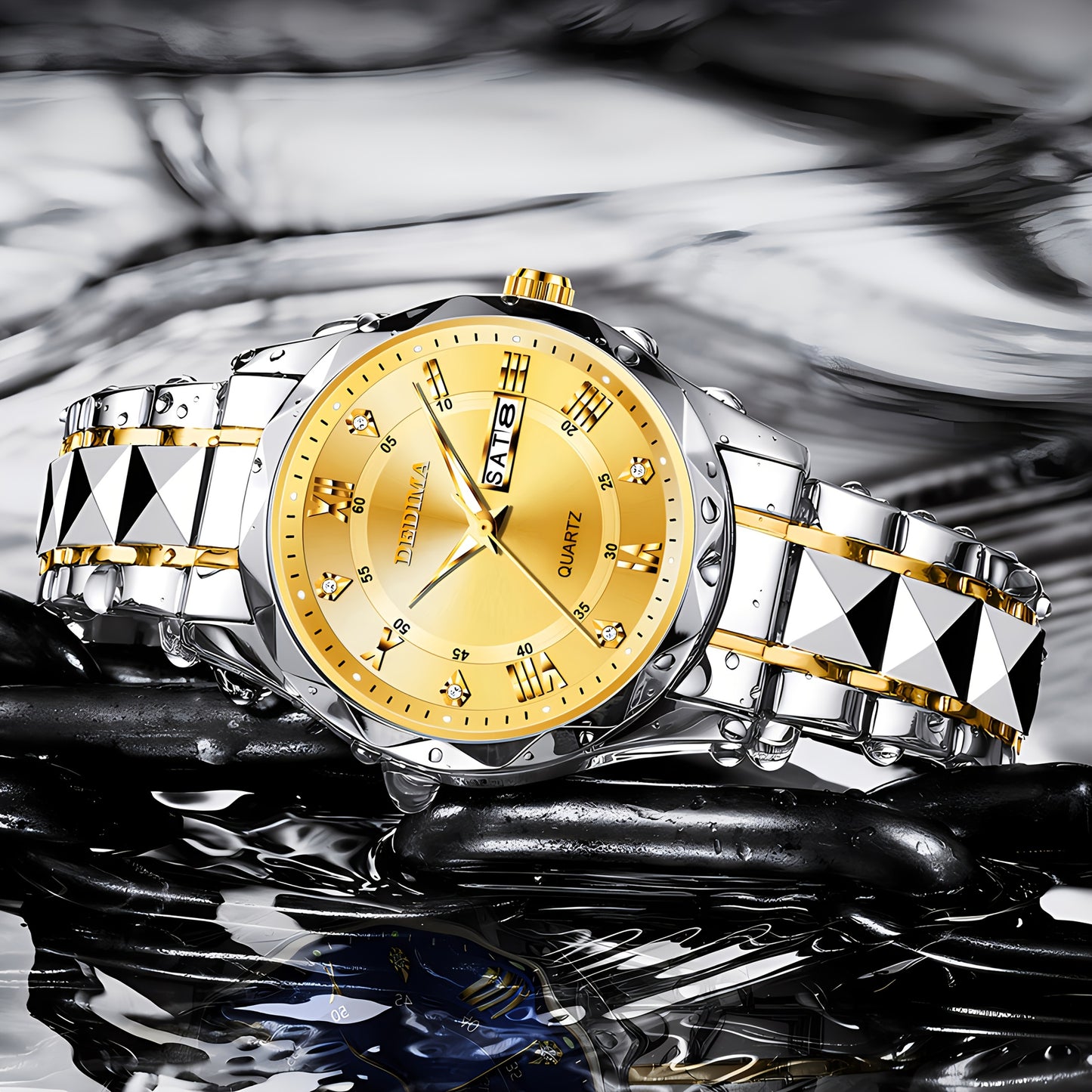 Elegant Men's Stainless Steel Watch with Dual Calendar, Luminous Display & Rhinestone Accents - Perfect for Business or Casual Wear