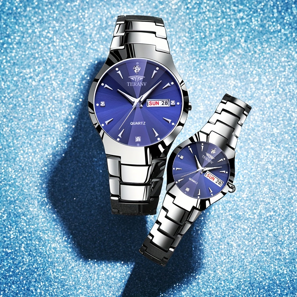 2pcs Couple Watches for Men & Women - Stainless Steel Strap, Rhinestone Accents, Luminous HD Display with Week Calendar, Quartz Movement, Elegant Gift for Valentine's Day, Mother's Day, Father's Day, Special Occasion Watch |