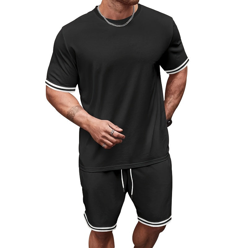 2025 New Casual Men's Set Round Neck Short Sleeve T-Shirt Summer Drawstring Shorts Solid Color Men's Suit