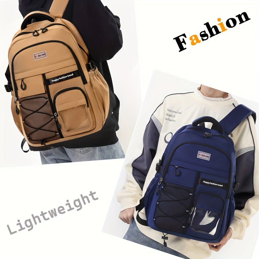 Large Capacity Backpack Set 3pcs, Polyester Lined, Spliced, Adjustable Shoulder Straps, Zipper Closure, Lightweight, Casual Style, for Going Out