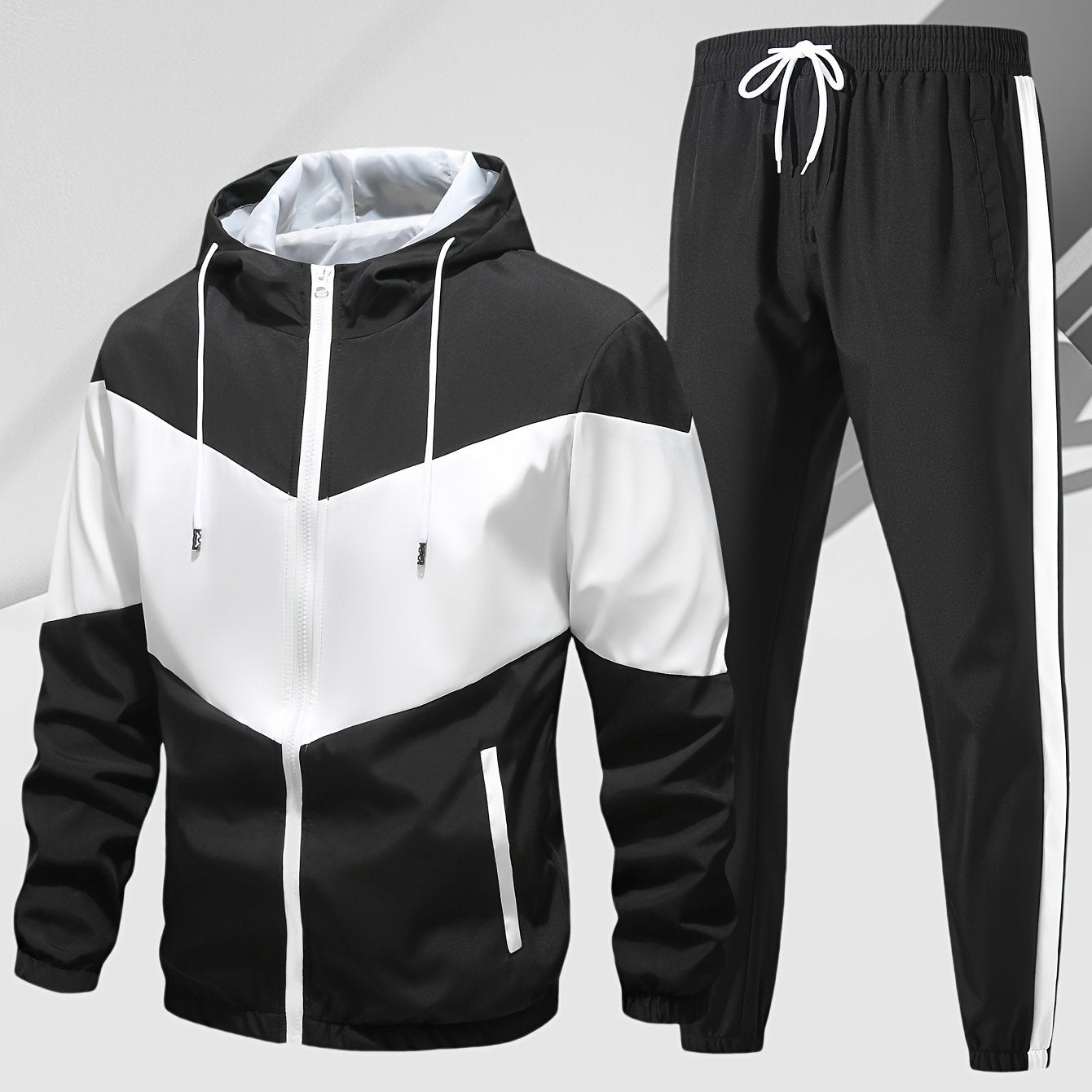 Men's Casual 2-Piece Outfit, Stylish Color Block Zip Up Hooded Jacket, Breathable Solid Color Drawstring Pants