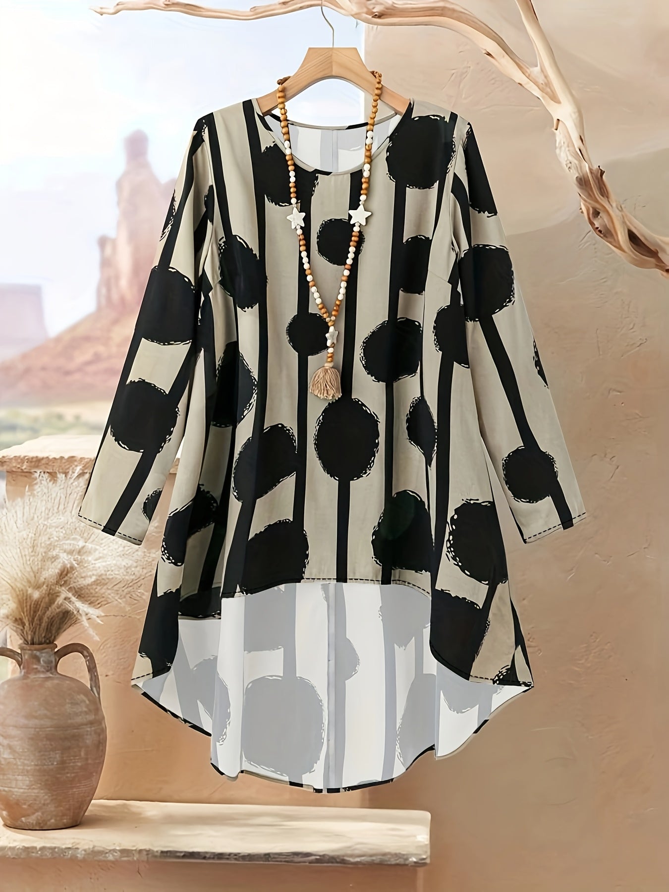Plus Size, Women's Plus Size Printed Elegant Loose Long Sleeve Top and Pants Set