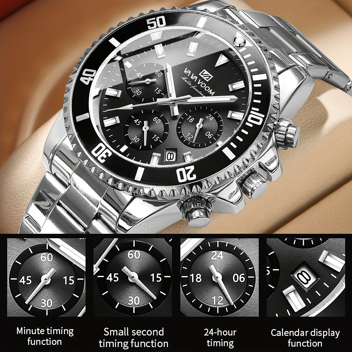 VA VA VOOM Men's Sport Watch with 3D Large Dial, Stainless Steel Band, 24Hr Chronograph, Dual Time, Calendar, Stopwatch & High Quality - Quartz Movement for Gym, Outdoor, Business Casual - Ideal Gift, Outdoor Timing Tool, Sle
