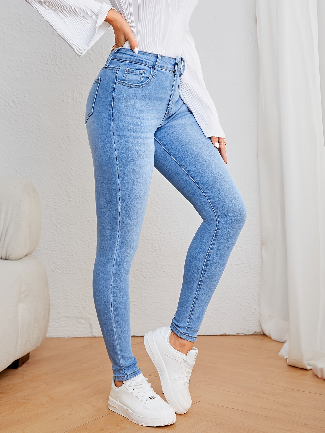 Women's Casual Plain Light Blue Skinny Jeans, Stretchy Denim Pants, Classic Design, High Waist Slim Fit For Everyday Fashion - Perfect For Fall & Winter
