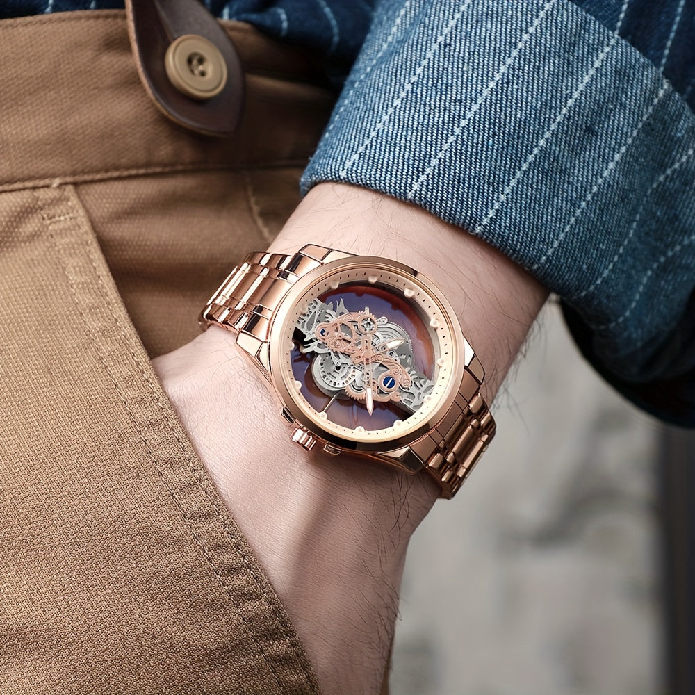 TPW Men's Rose Golden Skeleton Luminous Quartz Watch - Glamorous Luxury Wristwatch with Exposed Movement, Comfortable Metal Band, Father's Day Gift for Him, Luxury Men's Watch | Romantic Watch Design | Rose Golden Finish