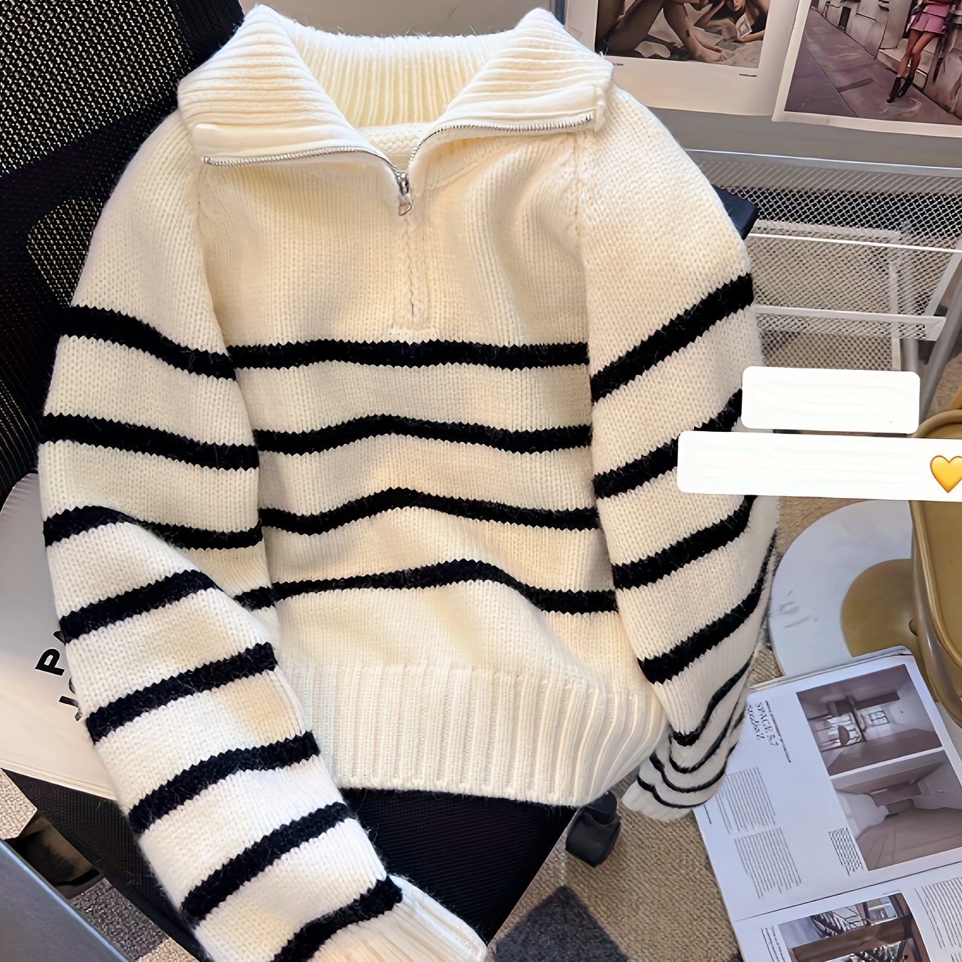 Striped Color Block Collared Sweater for Women Autumn Winter New Arrival Thick Half Zip Loose Soft Knit Top