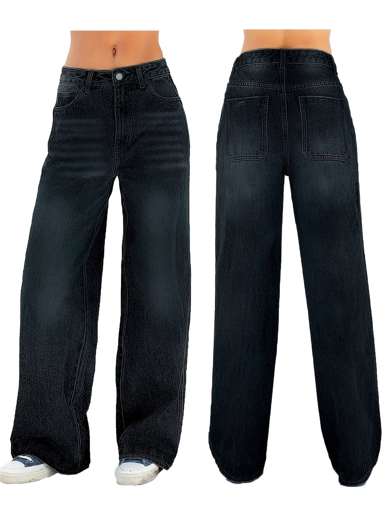 Women'S Elastic Mid -Waist Straight Jeans, Loose And Stylish Wide -Leg Casual Pants, Multi -Pocket Black Water Washing Jeans, Comfortable Version, Four Seasons Can Be Worn