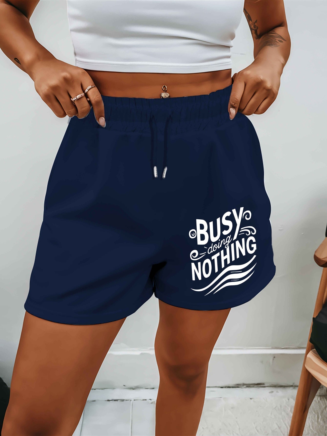 Busy doing nothing 2025 New Plus Size Women'S Shorts Summer Casual Versatile Medium Pants Sports American Trendy Outerwear Extra Large Five-Fifth Pants Summer Beach Pants - Polyester, Casual, Summer, Track Shorts, Slight Stre