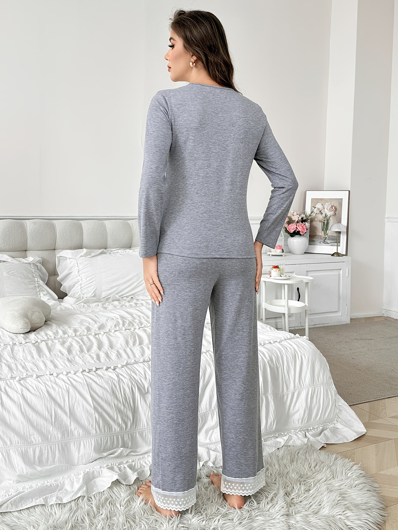 Elegant Women'S Lace-Trimmed Long Sleeve Knit Pajama Set - V-Neck, Solid Color, Ribbed Detail, Perfect for Spring & Fall, Comfortable Loungewear, Relaxed Fit Pajamas | Vneck Top & Long Sleeve Pants | Polyester Blen