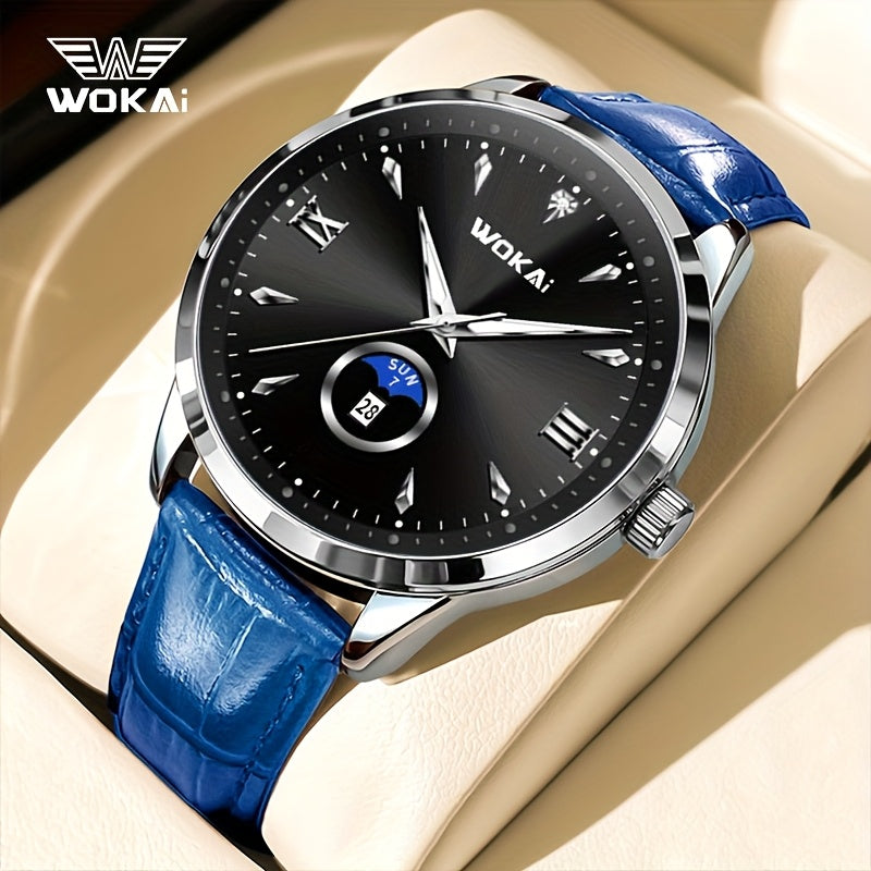 WOKAI Men's Sporty Watch with Glowing Dial, World Time & Date, Round Plastic Case, Faux Leather Strap, Battery-Powered, Perfect Gift for Spring & Summer