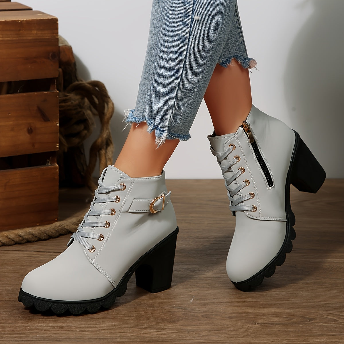 Women's Chunky platform heel Boots - Lace-up closure, Faux Cover Round-toe boots with, Thick Platform Sole for Dresses, Jeans, Party Outfits - All-Season Everyday & Formal Shoes, Stylish Outfit Additions, Side Zipper Detail,