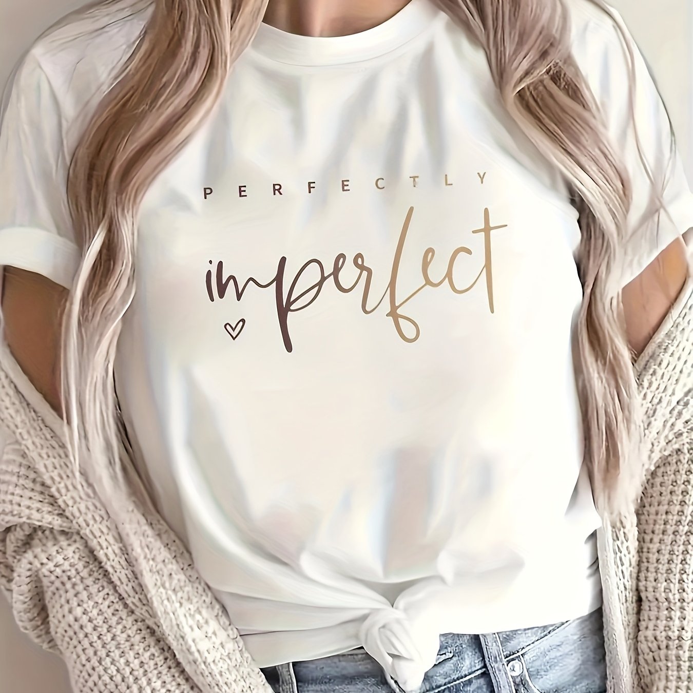 Women's Casual Letter Print T-Shirt - "Perfectly Imperfect" Design, Crew Neck, Short Sleeve, Soft Polyester Fabric, Versatile Everyday Top