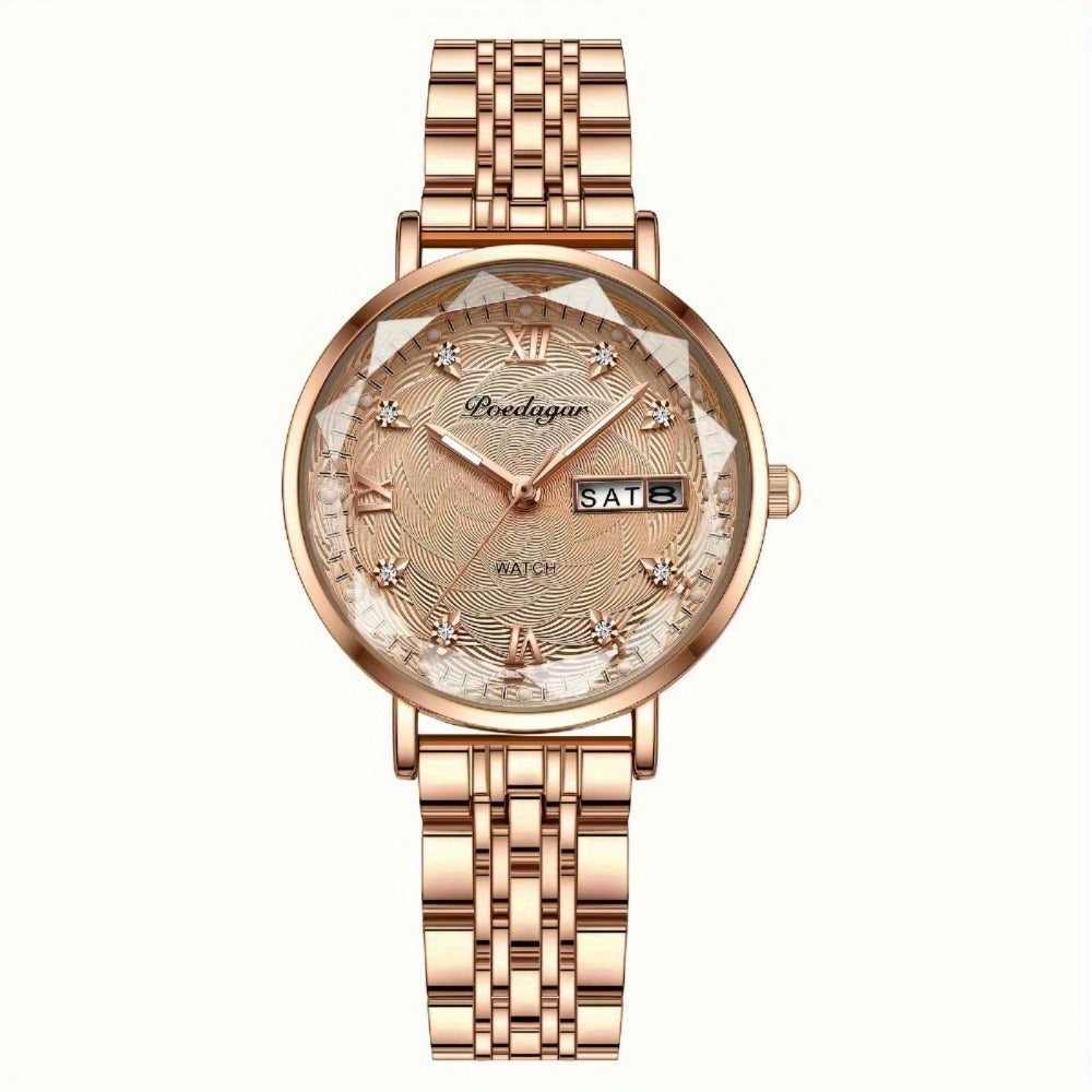 1pc POEDAGAR Elegant Women'S Quartz Watch - Luxurious Rose Golden-Tone with Luminous Hands, Calendar Display, Alloy Case & Band, Quartz Movement, Fashion Accessory|Elegant Timepiece|Rose Golden Finish, Watch Accessories