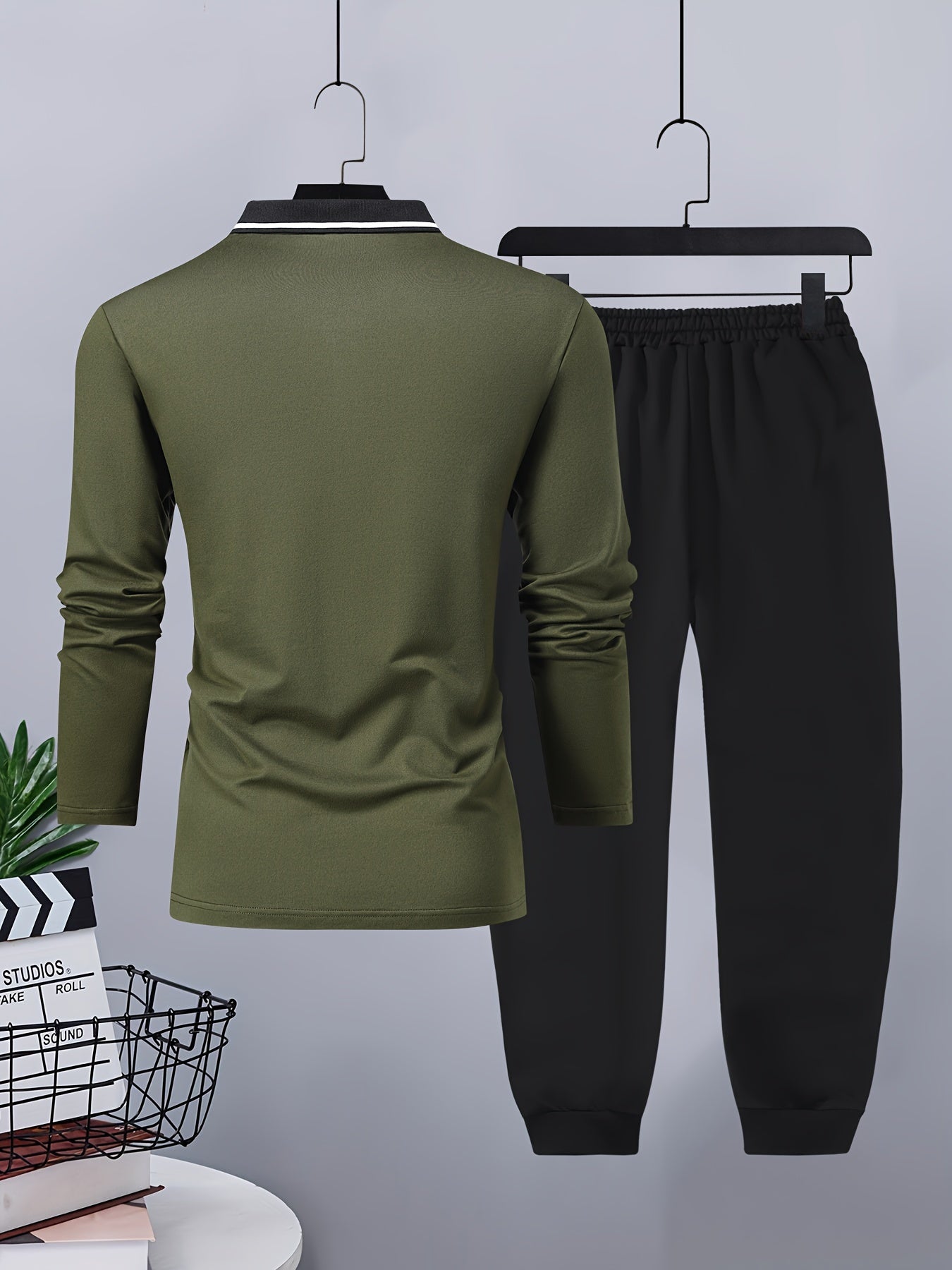 Men's Casual Color-Block Long Sleeve Button-Up Shirt & Drawstring Joggers Set - Polyester Blend, Pockets Included, Perfect for Spring/Fall
