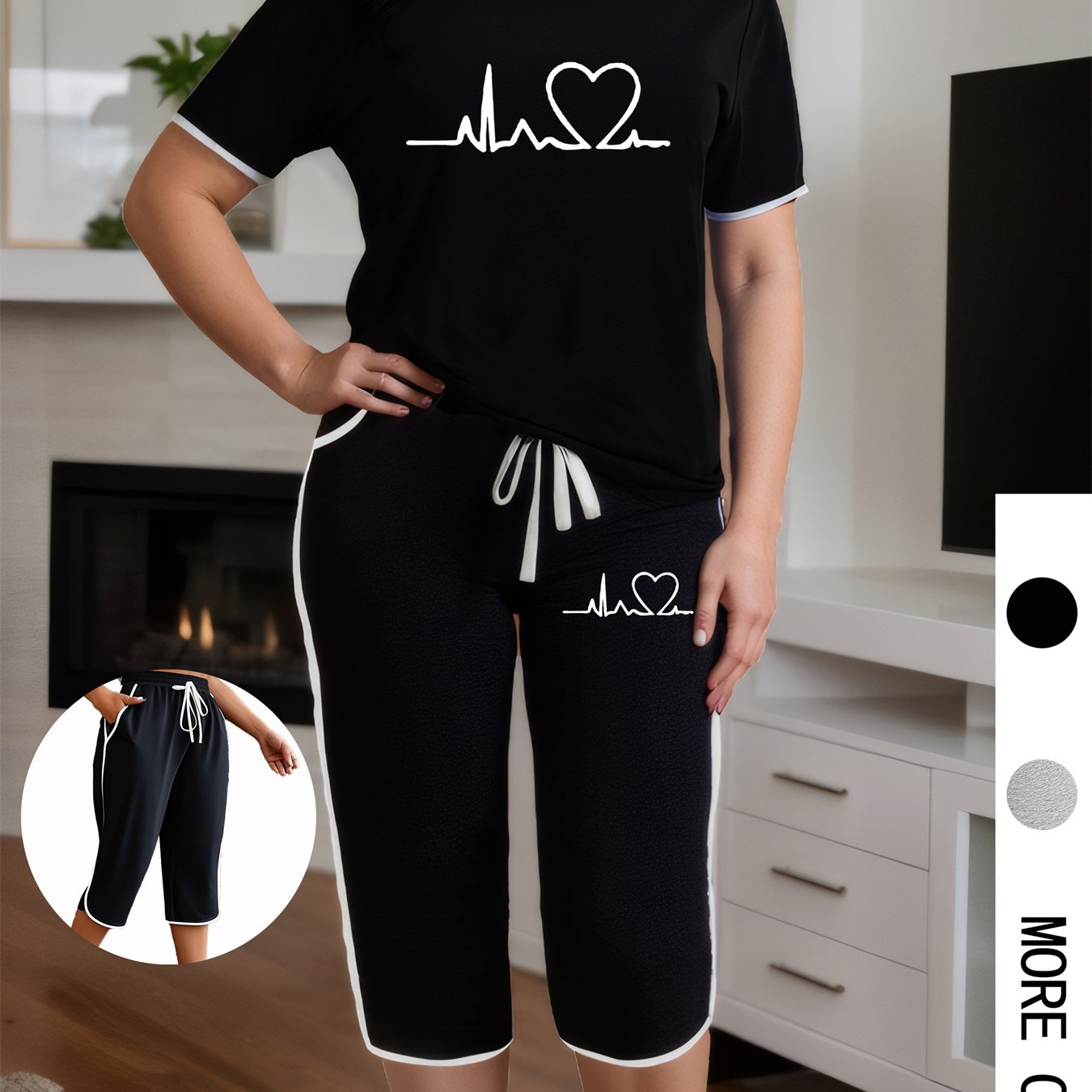 Plus Size - Summer Plus Size Women'S Two-Piece Set with Heart Print Short Sleeve Round Neck Top and Pleated Pockets Cropped Pants Casual Women'S Two-Piece Set