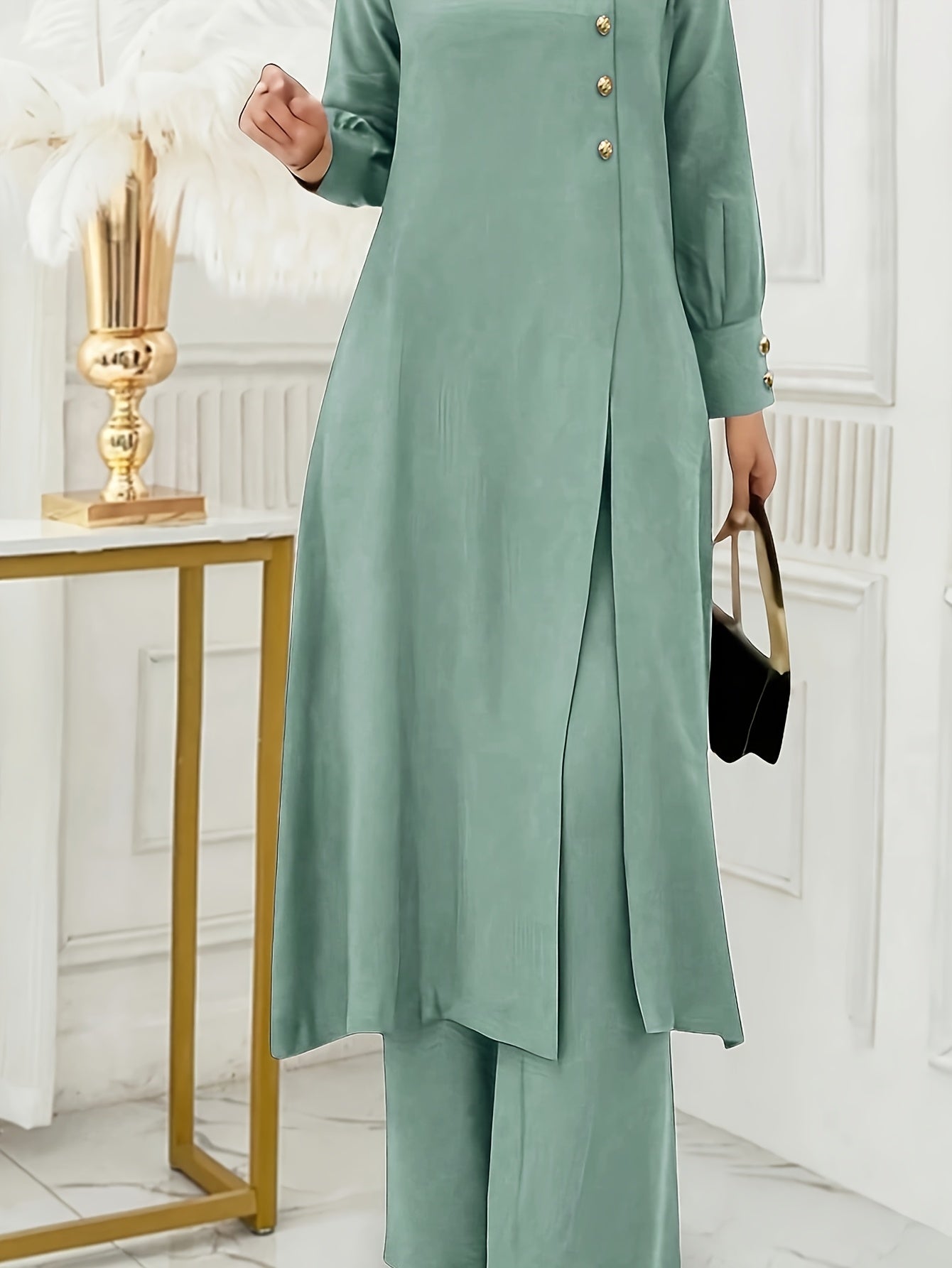 Ramadan, Women's Front-Button Long Sleeve Slit Dress & Pants Casual Arabic Style 2pcs Set, Only Clothes, Without Headscarf