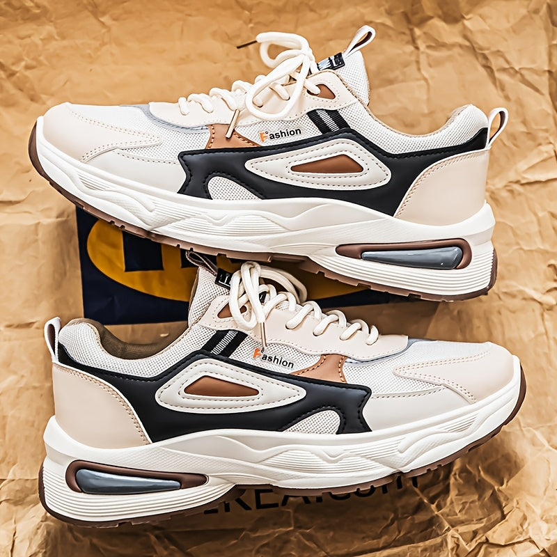 Men's Fashion Sneakers - White/Black/Brown PU Upper, Breathable Fabric Lining & Cushioned EVA Insole, Durable PVC Sole, Lace-Up Mid-Top Design for All-Season Casual & Daily Wear, High Top Sneakers, Versatile Footwear, Modern