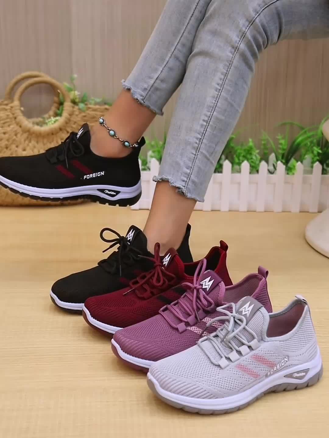 Women's Lightweight Breathable Knit Running Sneakers - Casual Sneakers with Lace-Up Closure, Dual-Layer PVC Sole for Easy Wear & Comfort, Black & Red Striped Design, Perfect for Outdoor Activities, Walking, and Daily Commute,