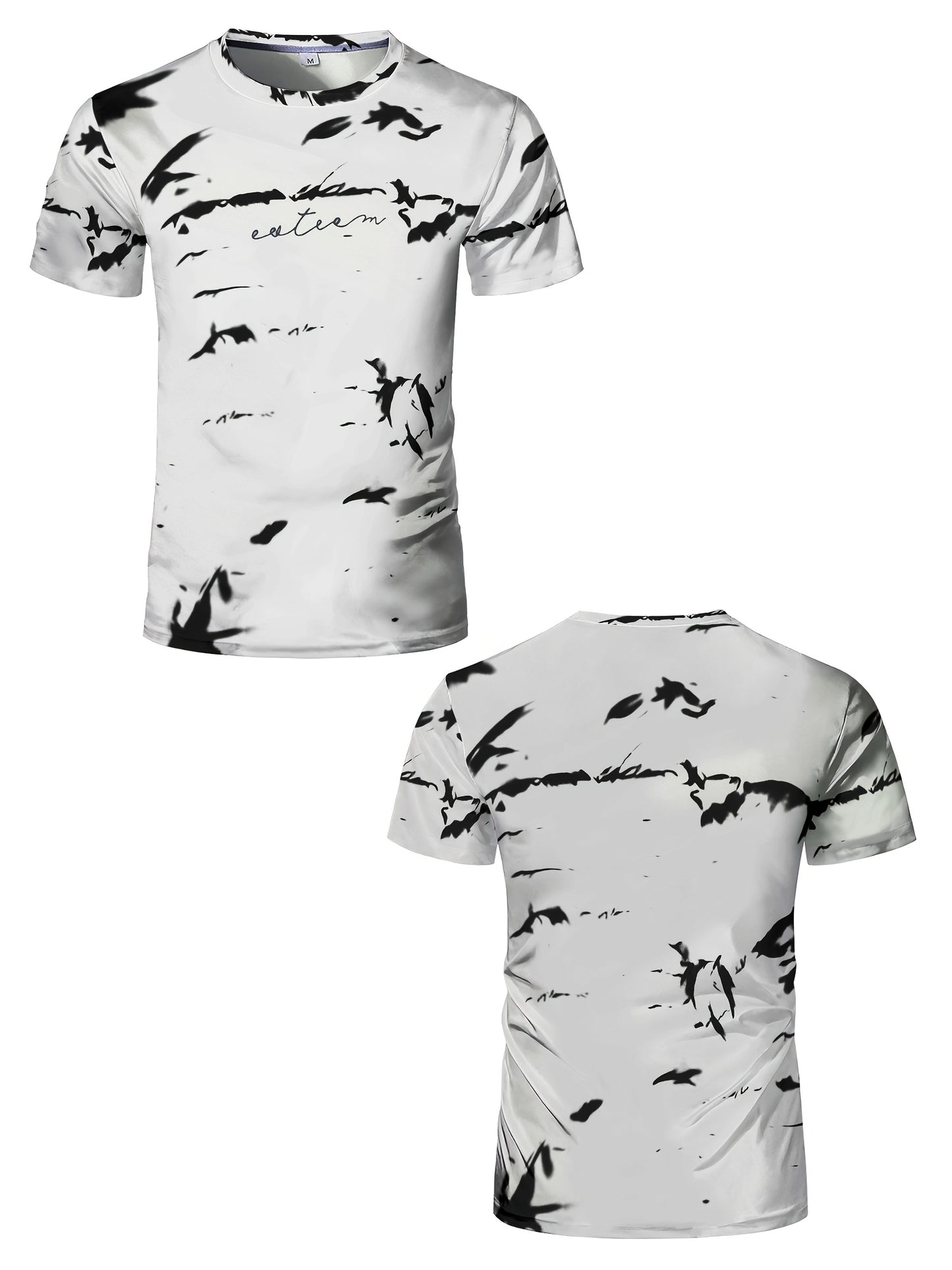 Men's High-Elasticity Anti-Tear Graffiti T-Shirt - Black & White Geometric Print, Tight-Fit Athletic Top for Gym, Running, Yoga & Casual Summer Wear, Gym Clothes, Highelastic Polyester, Short Sleeve Design